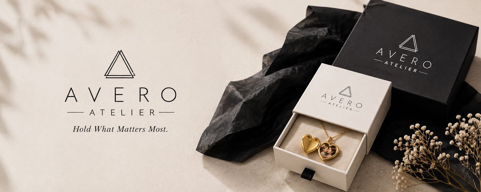 Avero Atelier heart locket presented in signature black and white gift packaging — Hold What Matters Most