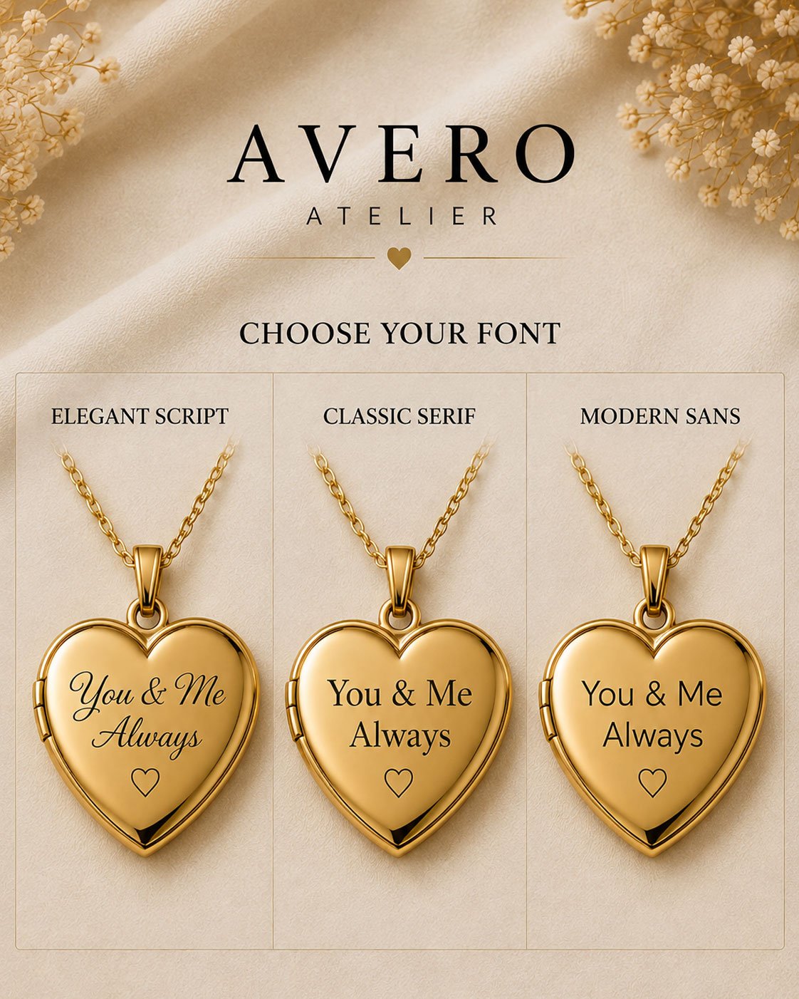 Avero heart locket engraving font options — elegant script, classic serif and modern sans