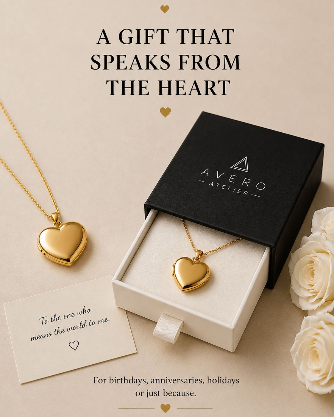 Avero heart locket presented in a gift box with roses and a keepsake note card