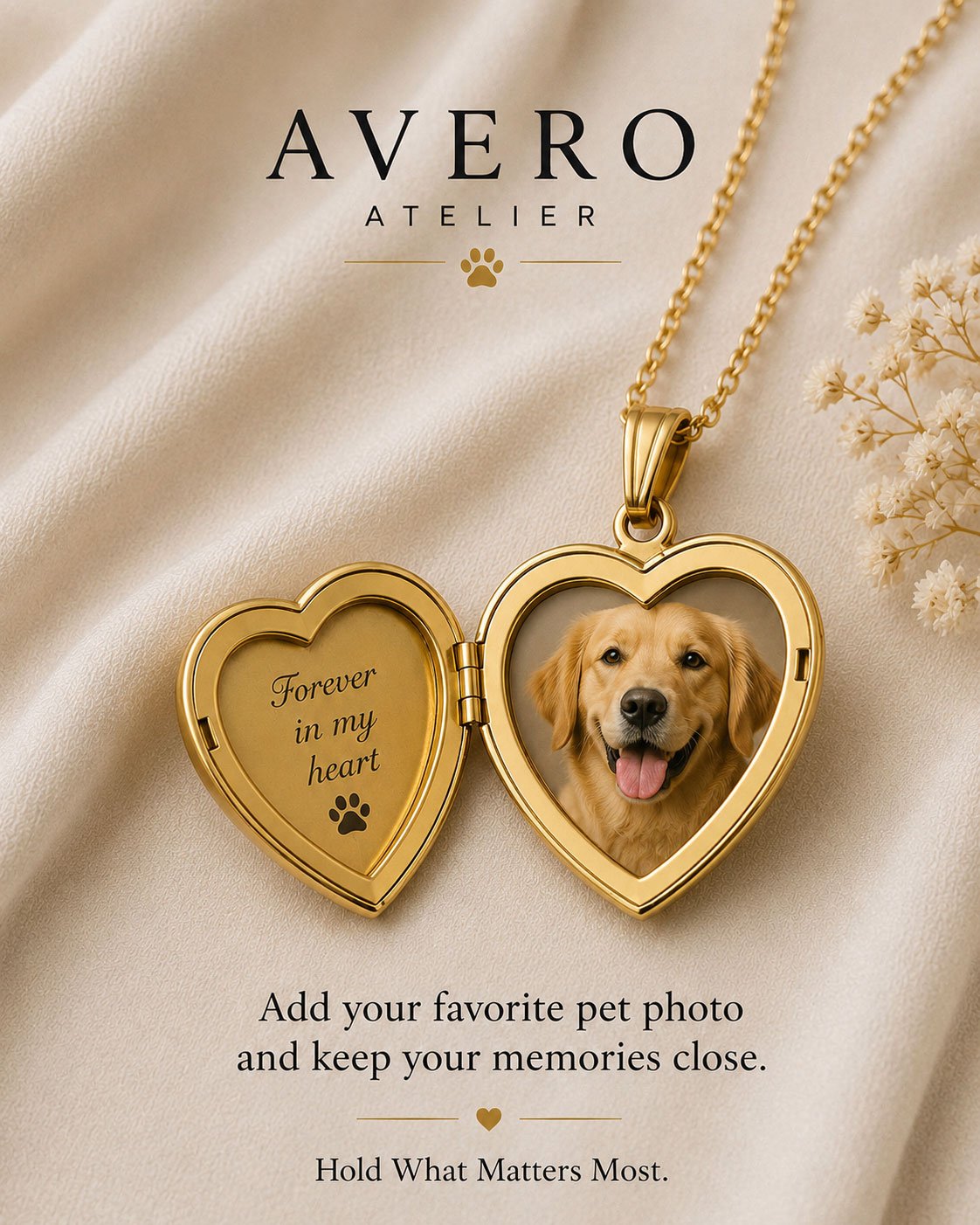 Open Avero pet photo heart locket holding a dog's photo with a paw-print engraving