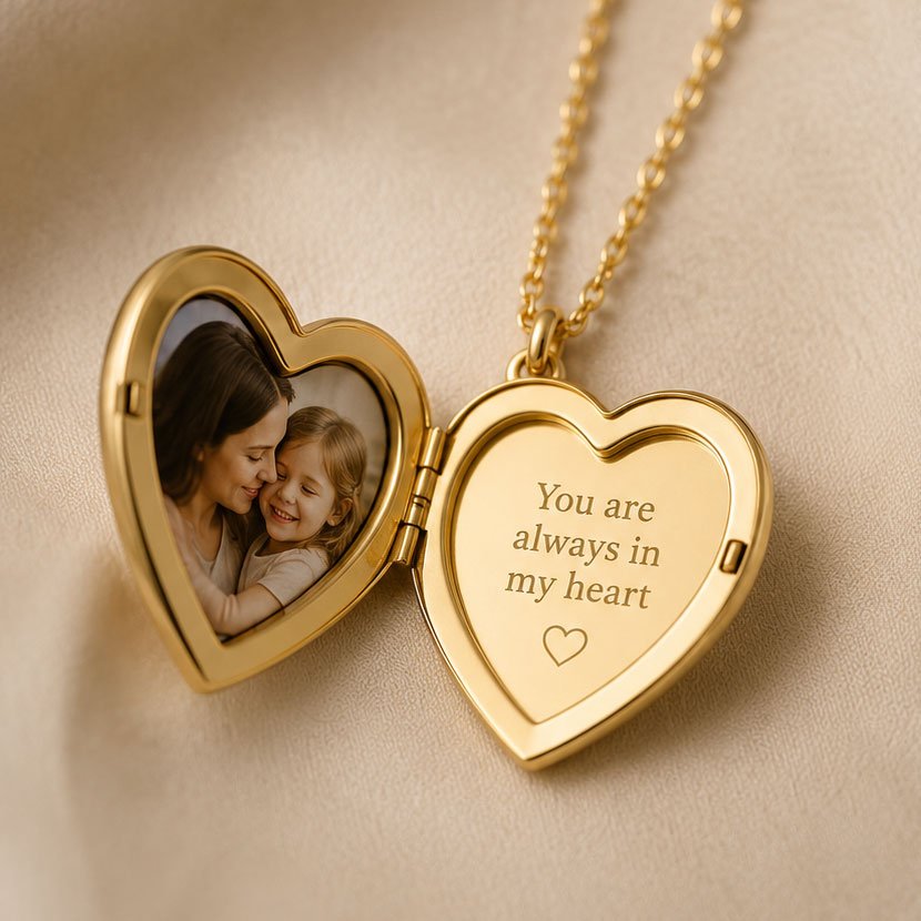 The Précieux gold-plated brass heart locket open, holding two photos
