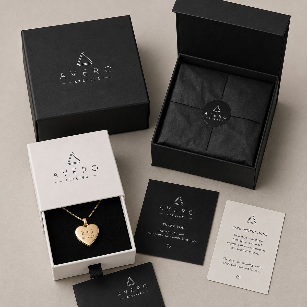 Avero Atelier heart locket with signature packaging